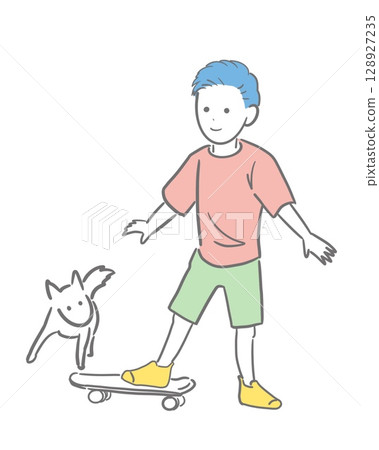 Colored illustration of a boy skateboarding with a puppy playing nearby 128927235