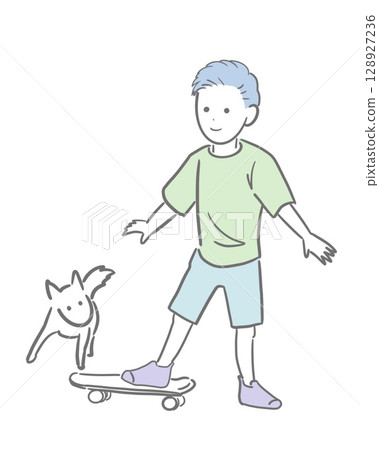 彩色插圖:一個男孩在玩滑板,旁邊有一隻小狗在玩耍 彩色插圖:一個男孩在玩滑板,旁邊有一隻小狗在玩耍 128927236