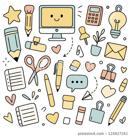 Colorful stationery items, cheerful computer, and office supplies create fun workspace 128927261