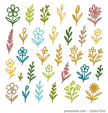 Colorful floral patterns with various flowers and leaves create vibrant design Colorful floral patterns with various flowers and leaves create vibrant design 128927262