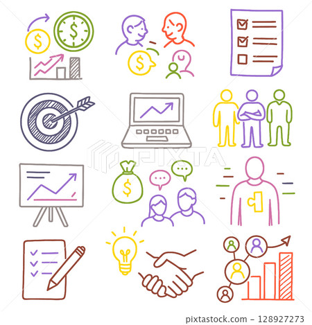 Business growth and teamwork icons, including charts and discussions 128927273