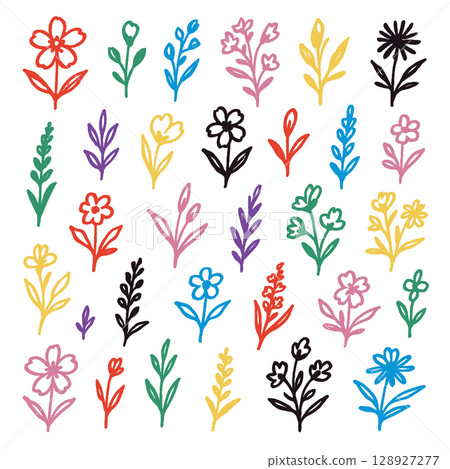 Colorful floral patterns with various flowers and leaves in playful style Colorful floral patterns with various flowers and leaves in playful style 128927277