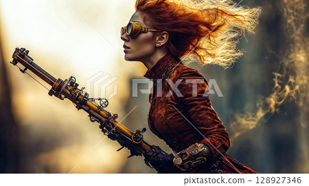Steampunk woman running with futuristic weapon in industrial setting 128927346