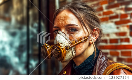 Steampunk woman wearing protective mask in post apocalyptic setting Steampunk woman wearing protective mask in post apocalyptic setting 128927354