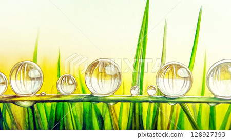 Dew drops reflecting sunlight on blades of grass in spring 128927393