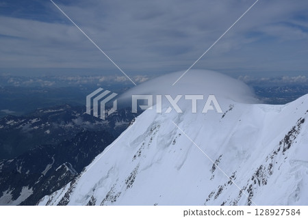 Tranquil Lake With Lush Green Forest, Snow-Capped Mountain, Blue Sky And White Clouds Tranquil Lake With Lush Green Forest, Snow-Capped Mountain, Blue Sky And White Clouds 128927584