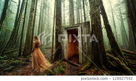 Princess walking towards a mysterious door in an enchanted forest 128927592