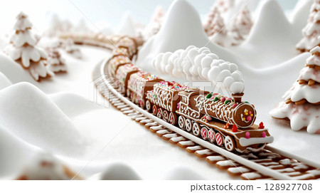 Gingerbread train traveling through snowy winter wonderland 128927708