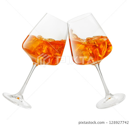 two glasses of cold aperol spritz cocktail clinking isolated on white background 128927742