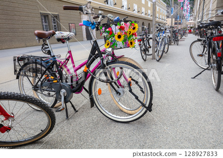 Bicycle Parking on the Street of Salzburg Bicycle Parking on the Street of Salzburg 128927833