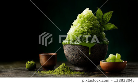 黑色背景中的抹茶刨冰 128928043
