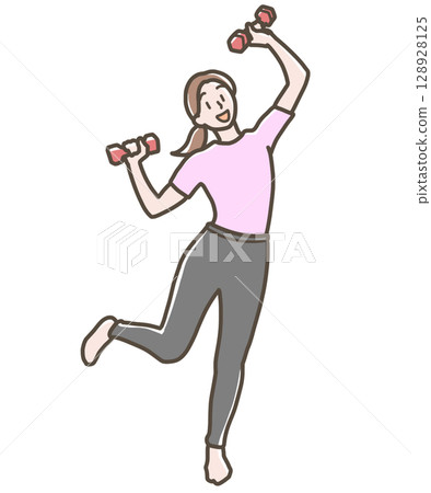 Illustration of a woman happily holding dumbbells Illustration of a woman happily holding dumbbells 128928125