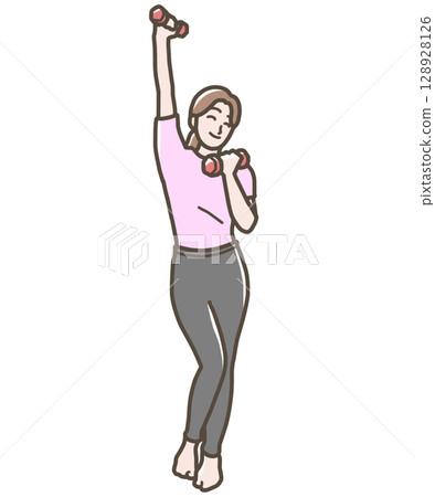 Illustration of a woman happily holding dumbbells 128928126