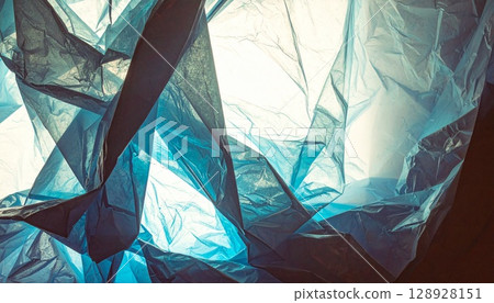 藍白光包裹的皺巴巴的乙烯基材料的抽象藝術背景紋理 128928151