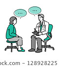 Health consultation between a doctor in a white coat and a middle-aged woman (no background) 128928225