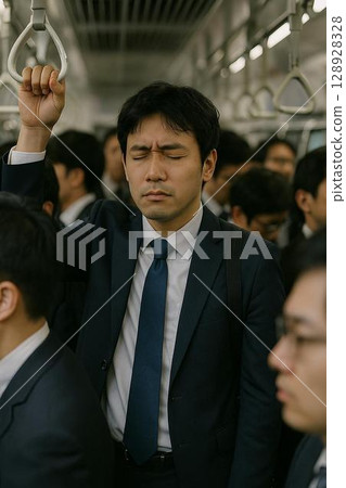 Japanese man commuting on a crowded train | Business material symbolizing a stressful society and work style reform 128928328