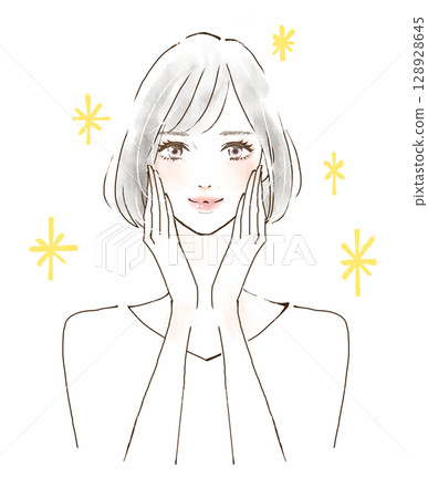 A woman with her hand on her cheek, a beautiful smiling woman, sparkling A woman with her hand on her cheek, a beautiful smiling woman, sparkling 128928645