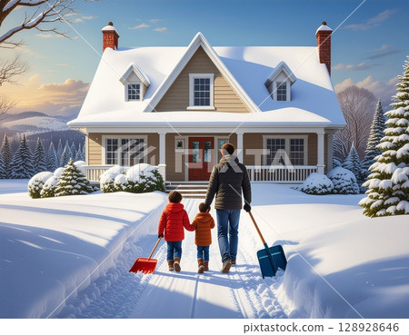 After the snowstorm, the weather finally cleared, so my family went out to shovel snow. After the snowstorm, the weather finally cleared, so my family went out to shovel snow. 128928646