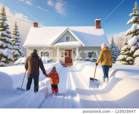 在一個陽光明媚的冬日，全家人聚在一起鏟雪 128928647