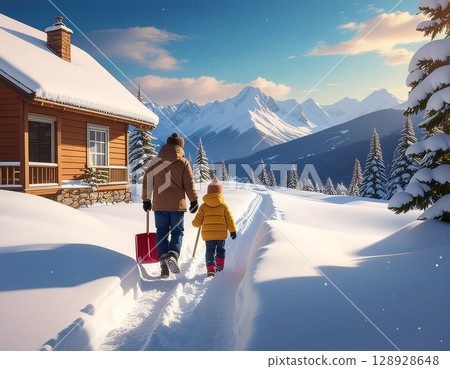 暴風雪過後的一個陽光明媚的傍晚，一對父母和孩子在雪山上散步 128928648