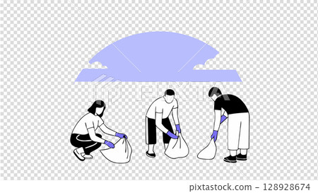 vector illustration of team of activists collecting plastic waste on beach vector illustration of team of activists collecting plastic waste on beach 128928674