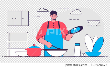 vector illustration of chef cooking in a restaurant kitchen vector illustration of chef cooking in a restaurant kitchen 128928675