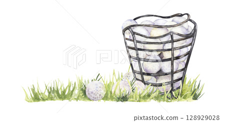 Bucket filled with golf balls on the green grass in watercolor 128929028