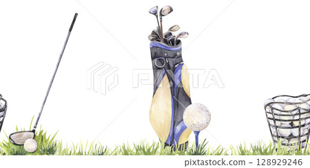 Seamless border with golf gear, clubs, ball, and practice basket on grass 128929246