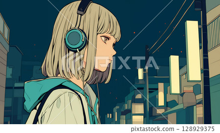 girl listening to music with headphones 128929375