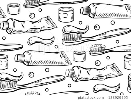 Vector seamless pattern with toothbrushes, bubbles and toothpaste. Texture with contour drawing of dentist tool for wallpaper and wrapping paper. 128929395