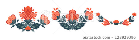 Vector set of frames with decorative flowers. Collection of dividers with stylized red flowers. Floral borders 128929396