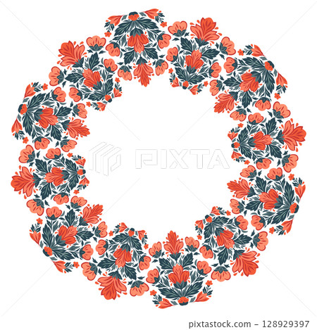 Vector round frame with decorative flowers. Folklore wreath with stylized red flowers. Floral circular border Vector round frame with decorative flowers. Folklore wreath with stylized red flowers. Floral circular border 128929397