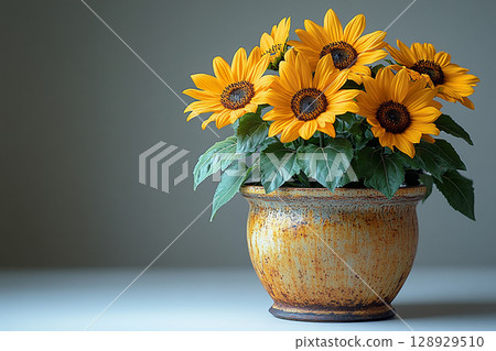 Ceramic vase. Close-up. Potted sunflower plant with yellow flowers on a white background. 128929510