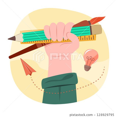 Human Hand Holding Colored Pencil, Ruler and Brush for Art and Creativity Education Concept Illustration Clip Art 128929795