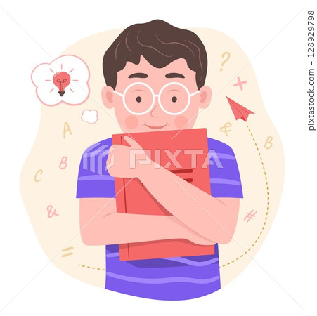 Happy Cute Student Pupil Boy Hugging a Book and Imagine for Reading and Education Concept Illustration Clip Art Happy Cute Student Pupil Boy Hugging a Book and Imagine for Reading and Education Concept Illustration Clip Art 128929798
