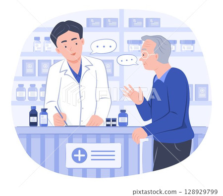 Male Pharmacist Advises an Elderly Man to Take Medication in Pharmacy for Pharmaceutical, Healthcare and Medical Concept Illustration 128929799