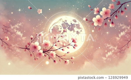A pastel illustration of a gentle night sky woven with cherry blossoms in full bloom and a fantastic full moon, wrapped in pale spring colors. 128929949