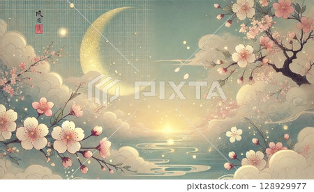 這是一部日式幻想作品，描繪了淡淡的春天天空中漂浮的金色新月和盛開的櫻花。 128929977