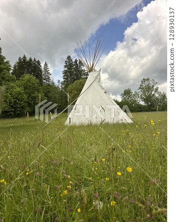 Teepee is in a field of grass and flowers 128930137