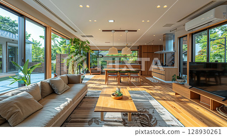 開放明亮的客廳/餐廳/廚房區域 128930261