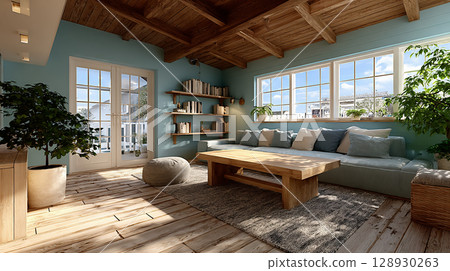 有藍色牆壁的明亮的房間 128930263