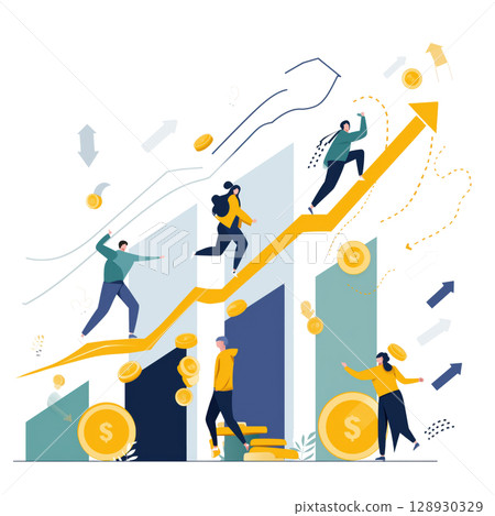 group of people climbing business graph looks optimistic and energetic as graph goes up and coins scattered around showing profit 128930329