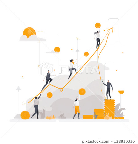 Optimistic business people work together to push graph upwards, they feel motivated and confident about company growth and success 128930330