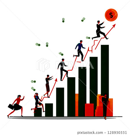 Business graph going up makes people excited, and money falling down. They are trying to reach goal of success with happy emotion 128930331