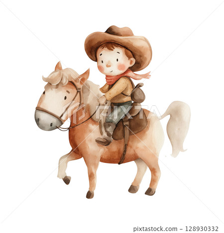 Cute cowboy ride horse watercolour illustration makes you feel carefree. vibrant scene bring sense of happiness and joyful adventure 128930332