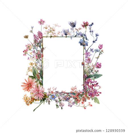 Artistic arrangement, this plant and flower frame in watercolor technique looks stunning 128930339