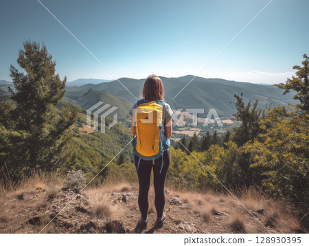 girl in hiking stands on top of hill looking at stunning view and feeling happy and free as she takes in natural beauty around her girl in hiking stands on top of hill looking at stunning view and feeling happy and free as she takes in natural beauty around her 128930395