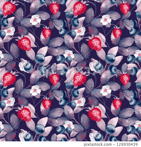 Strawberry Blueberry Seamless Pattern Illustration. Dark background 128930439