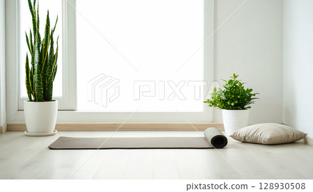 Minimalist white room with potted plants and yoga mat 128930508