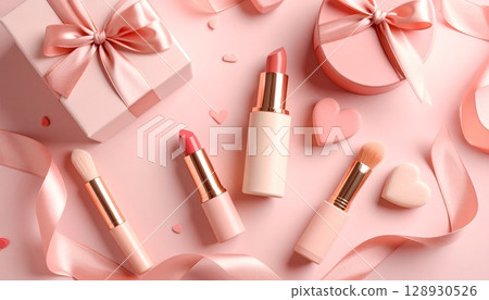 可愛的粉紅色背景材料與口紅和禮物 128930526